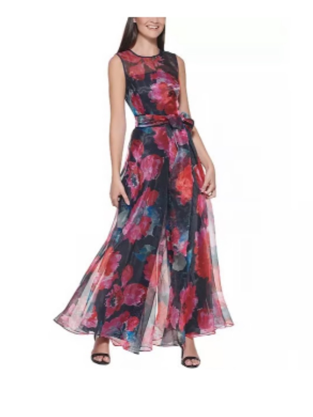 Eliza J. Floral Blue and Red Organza Wide Leg Jumpsuit Size 14 Quiet Luxury Y2k - Picture 2 of 15